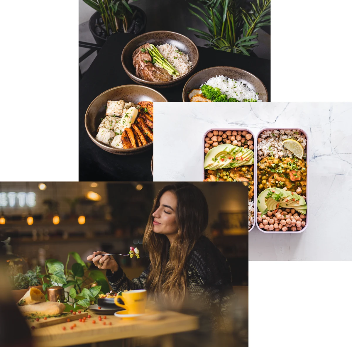 woman enjoing food meals in storage cotntainer, and food bowls on table